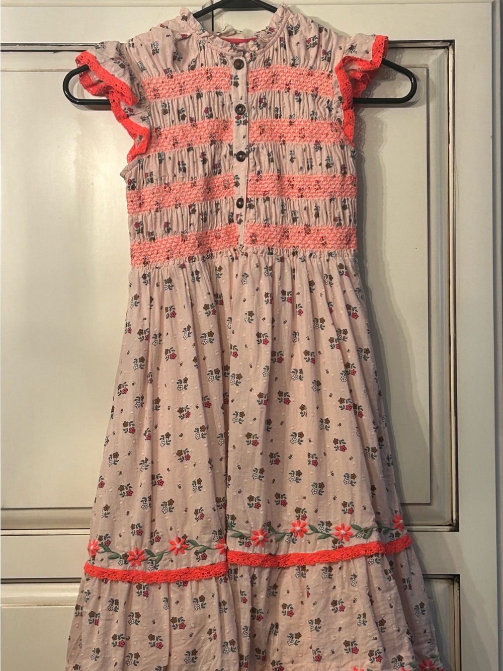 Girls' Floral Smocked Summer Dress with Coral Trim